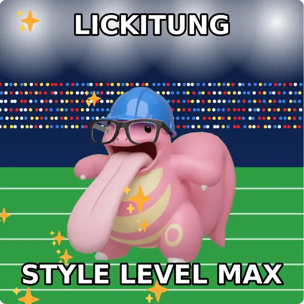 Lickitung dressed up in a yellow hard hat and nerd glasses on a packed stadium, made with the CoPokémon meme generator