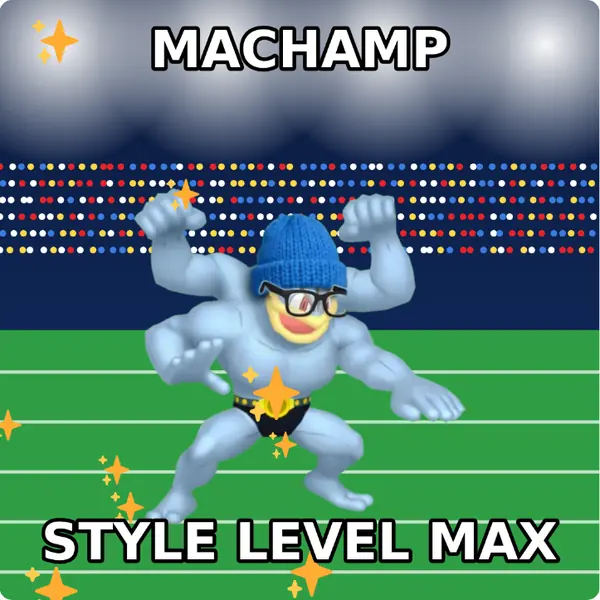 Machamp dressed up in a blue knit beanie and nerd glasses on a packed stadium, made with the CoPokémon meme generator