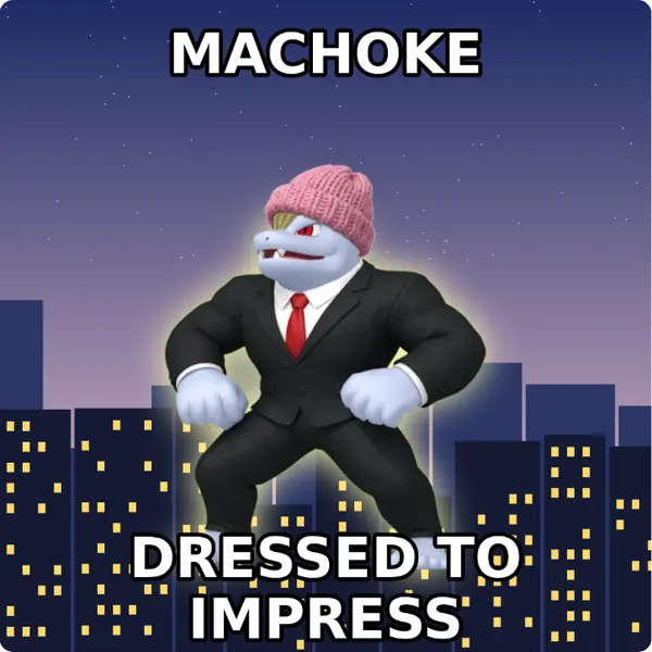 Machoke dressed up in a pink knit beanie and a sharp suit and tie on a city skyline, made with the CoPokémon meme generator