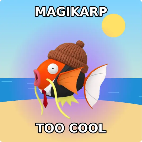 Magikarp dressed up in a brown knit beanie and a sharp suit and tie on a sunny beach, made with the CoPokémon meme generator