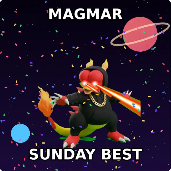 Magmar dressed up in a hoodie with a gold chain and glowing laser eyes on outer space, made with the CoPokémon meme generator