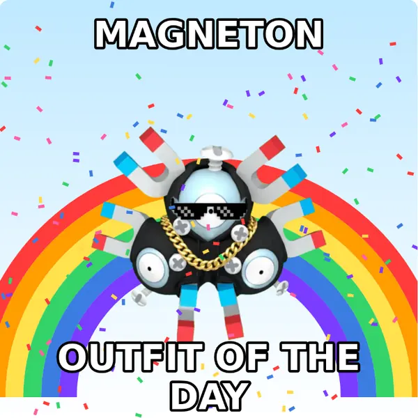 Magneton dressed up in a hoodie with a gold chain and pixel sunglasses on a rainbow backdrop, made with the CoPokémon meme generator