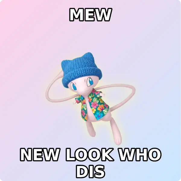 Mew dressed up in a blue knit beanie and a Hawaiian shirt on a soft pastel backdrop, made with the CoPokémon meme generator