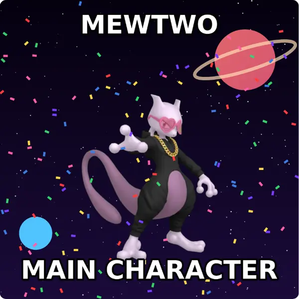 Mewtwo dressed up in a hoodie with a gold chain and heart shaped shades on outer space, made with the CoPokémon meme generator