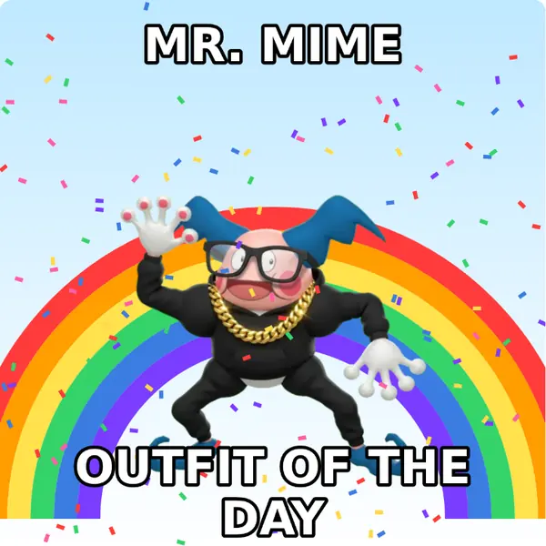 Mr. Mime dressed up in a hoodie with a gold chain and nerd glasses on a rainbow backdrop, made with the CoPokémon meme generator