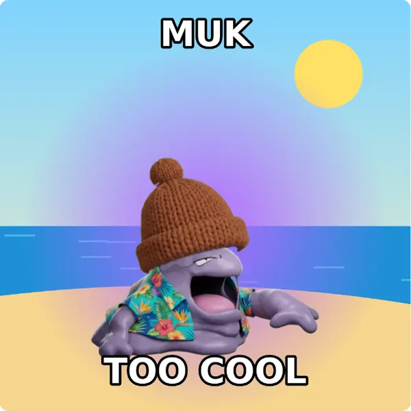 Muk dressed up in a brown knit beanie and a Hawaiian shirt on a sunny beach, made with the CoPokémon meme generator