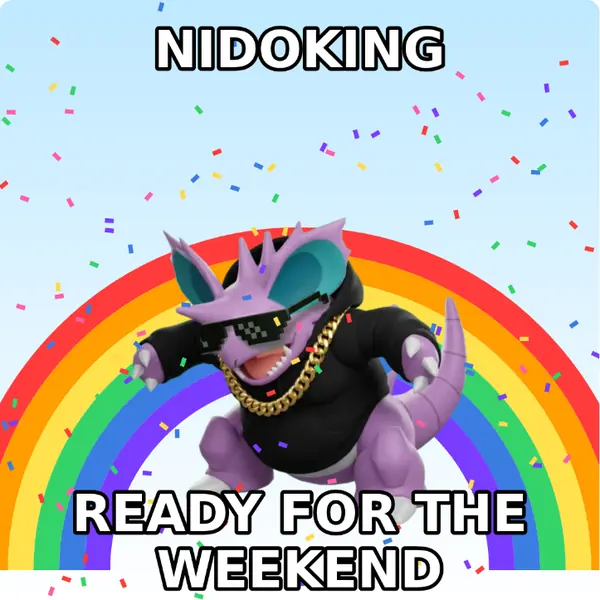 Nidoking dressed up in a hoodie with a gold chain and pixel sunglasses on a rainbow backdrop, made with the CoPokémon meme generator