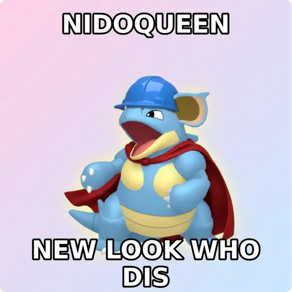 Nidoqueen dressed up in a yellow hard hat and a red hero cape on a soft pastel backdrop, made with the CoPokémon meme generator