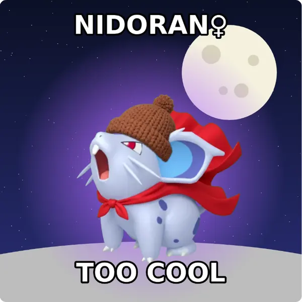 Nidoran♀ dressed up in a brown knit beanie and a red hero cape on the surface of the moon, made with the CoPokémon meme generator