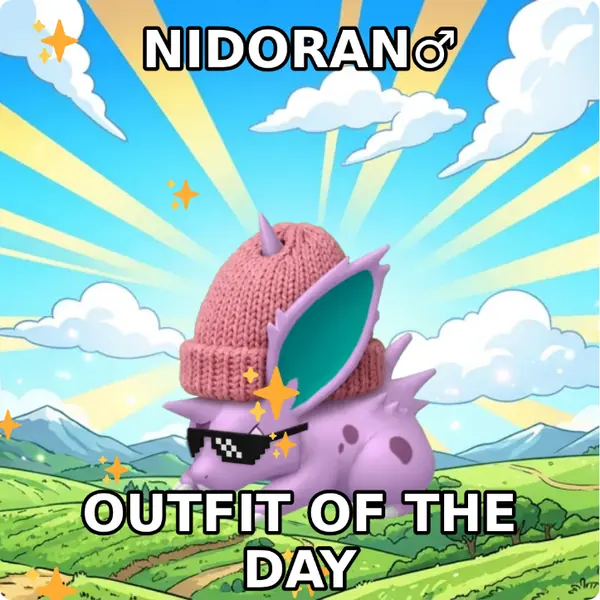 Nidoran♂ dressed up in a pink knit beanie and pixel sunglasses on a bright blue sky, made with the CoPokémon meme generator