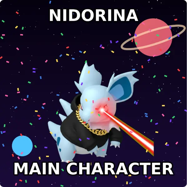Nidorina dressed up in a hoodie with a gold chain and glowing laser eyes on outer space, made with the CoPokémon meme generator