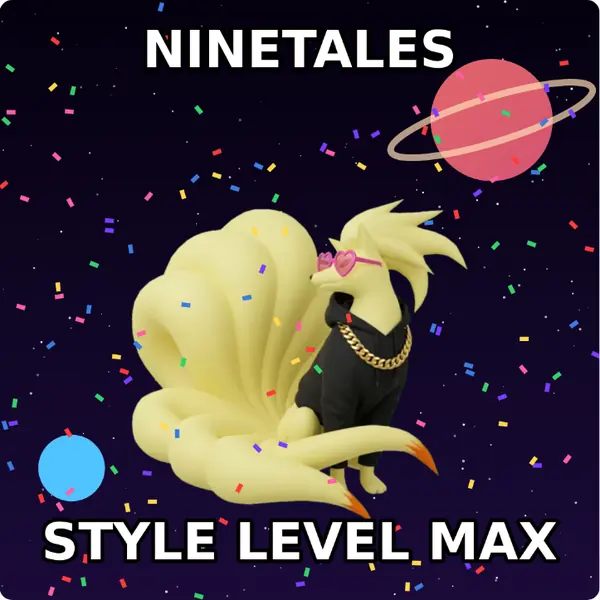 Ninetales dressed up in a hoodie with a gold chain and heart shaped shades on outer space, made with the CoPokémon meme generator