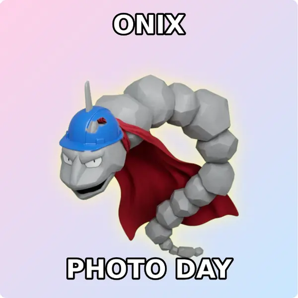 Onix dressed up in a yellow hard hat and a red hero cape on a soft pastel backdrop, made with the CoPokémon meme generator