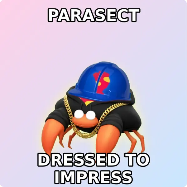 Parasect dressed up in a yellow hard hat and a hoodie with a gold chain on a soft pastel backdrop, made with the CoPokémon meme generator