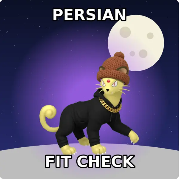 Persian dressed up in a brown knit beanie and a hoodie with a gold chain on the surface of the moon, made with the CoPokémon meme generator