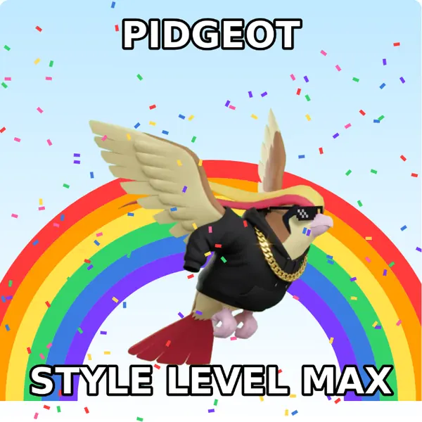 Pidgeot dressed up in a hoodie with a gold chain and pixel sunglasses on a rainbow backdrop, made with the CoPokémon meme generator