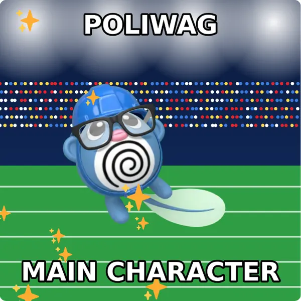 Poliwag dressed up in a yellow hard hat and nerd glasses on a packed stadium, made with the CoPokémon meme generator