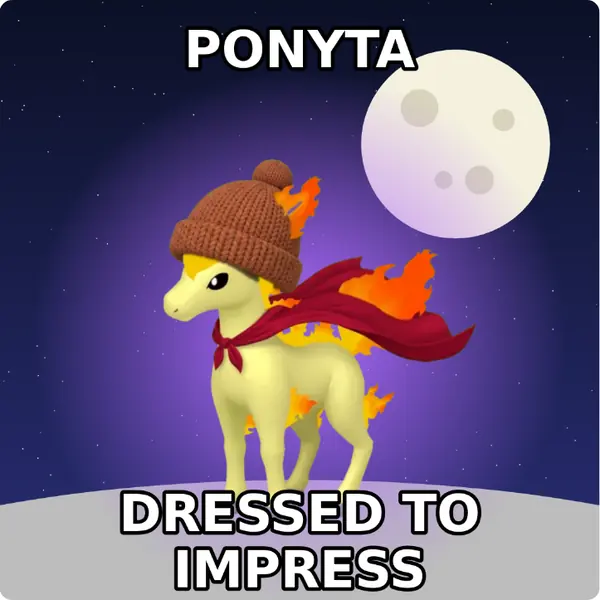 Ponyta dressed up in a brown knit beanie and a red hero cape on the surface of the moon, made with the CoPokémon meme generator