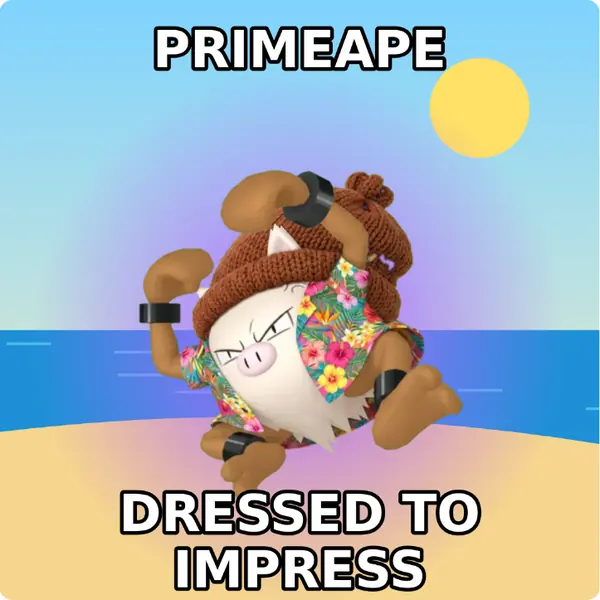 Primeape dressed up in a brown knit beanie and a Hawaiian shirt on a sunny beach, made with the CoPokémon meme generator