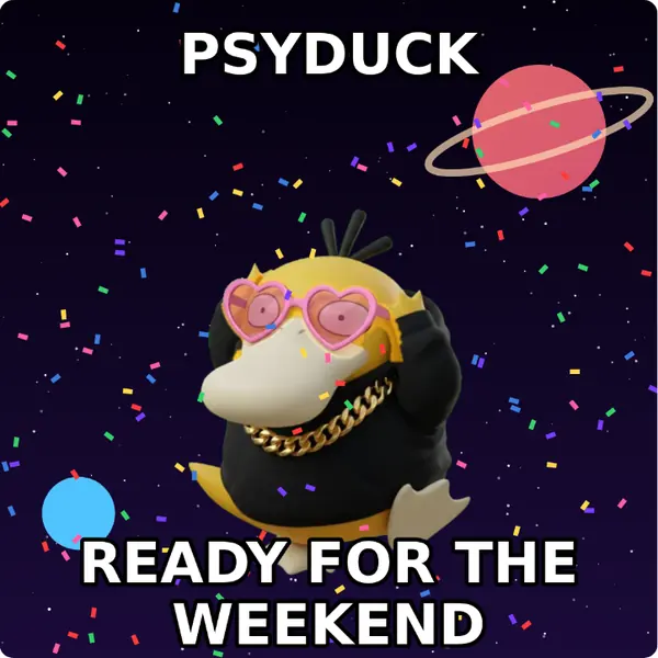 Psyduck dressed up in a hoodie with a gold chain and heart shaped shades on outer space, made with the CoPokémon meme generator