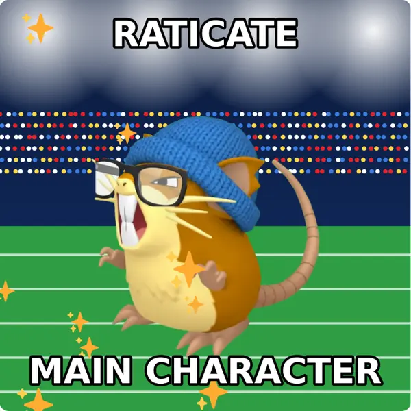 Raticate dressed up in a blue knit beanie and nerd glasses on a packed stadium, made with the CoPokémon meme generator
