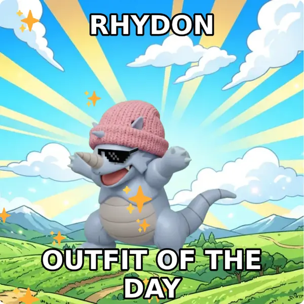 Rhydon dressed up in a pink knit beanie and pixel sunglasses on a bright blue sky, made with the CoPokémon meme generator