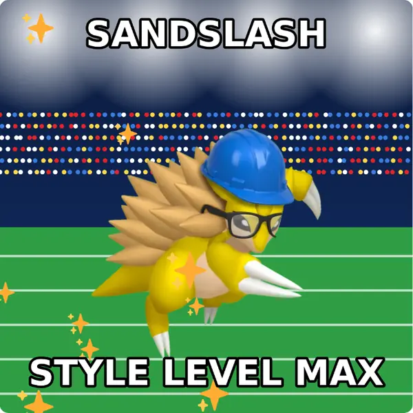 Sandslash dressed up in a yellow hard hat and nerd glasses on a packed stadium, made with the CoPokémon meme generator