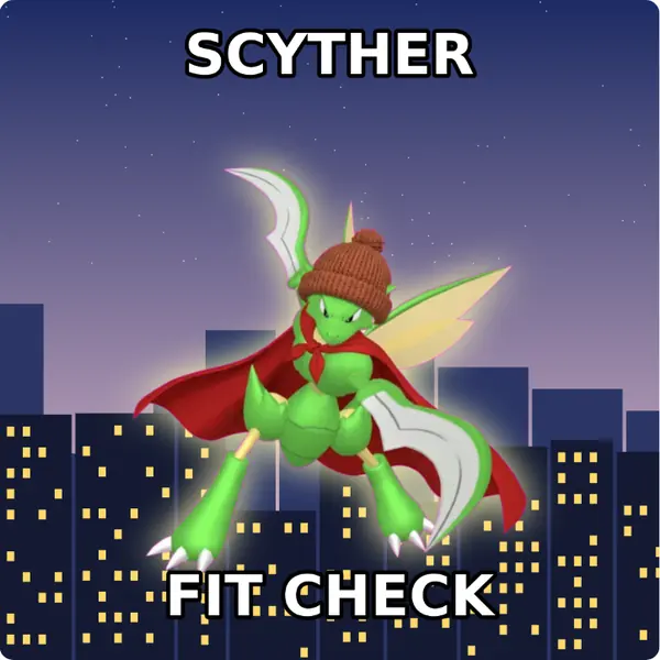 Scyther dressed up in a brown knit beanie and a red hero cape on a city skyline, made with the CoPokémon meme generator