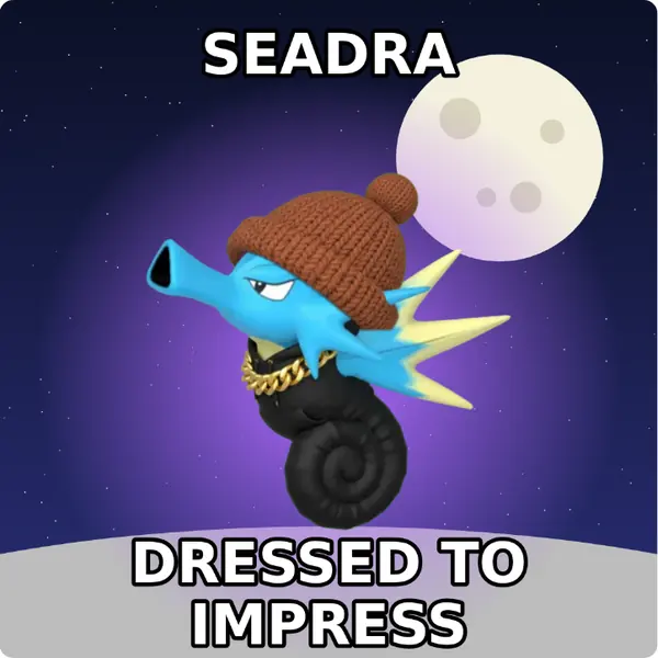 Seadra dressed up in a brown knit beanie and a hoodie with a gold chain on the surface of the moon, made with the CoPokémon meme generator