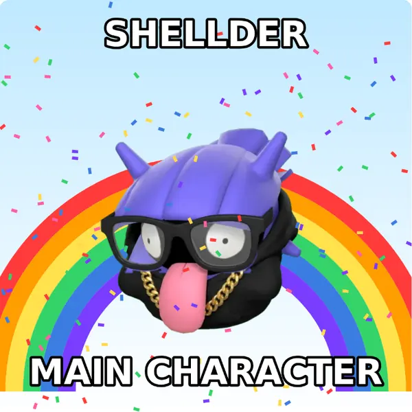Shellder dressed up in a hoodie with a gold chain and nerd glasses on a rainbow backdrop, made with the CoPokémon meme generator