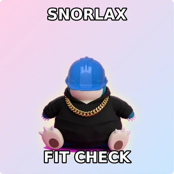 Snorlax dressed up in a yellow hard hat and a hoodie with a gold chain on a soft pastel backdrop, made with the CoPokémon meme generator