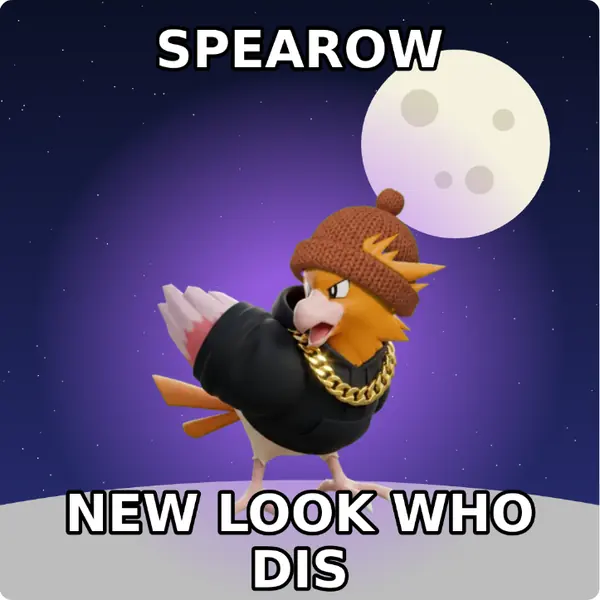 Spearow dressed up in a brown knit beanie and a hoodie with a gold chain on the surface of the moon, made with the CoPokémon meme generator