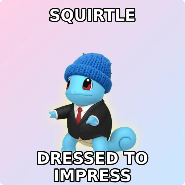 Squirtle dressed up in a blue knit beanie and a sharp suit and tie on a soft pastel backdrop, made with the CoPokémon meme generator