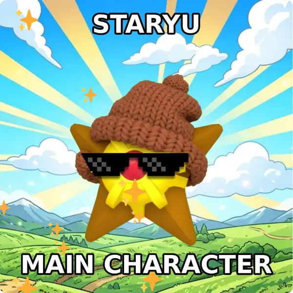 Staryu dressed up in a brown knit beanie and pixel sunglasses on a bright blue sky, made with the CoPokémon meme generator