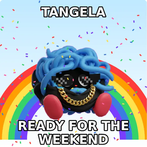 Tangela dressed up in a hoodie with a gold chain and pixel sunglasses on a rainbow backdrop, made with the CoPokémon meme generator