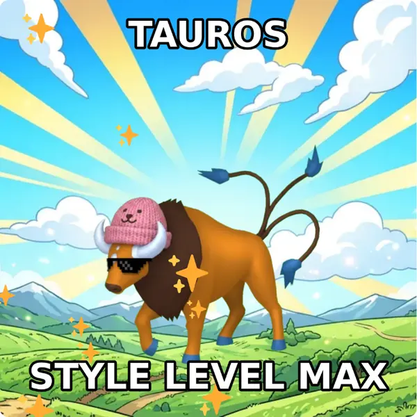 Tauros dressed up in a pink knit beanie and pixel sunglasses on a bright blue sky, made with the CoPokémon meme generator