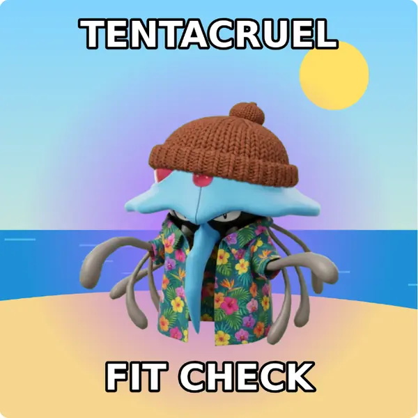 Tentacruel dressed up in a brown knit beanie and a Hawaiian shirt on a sunny beach, made with the CoPokémon meme generator