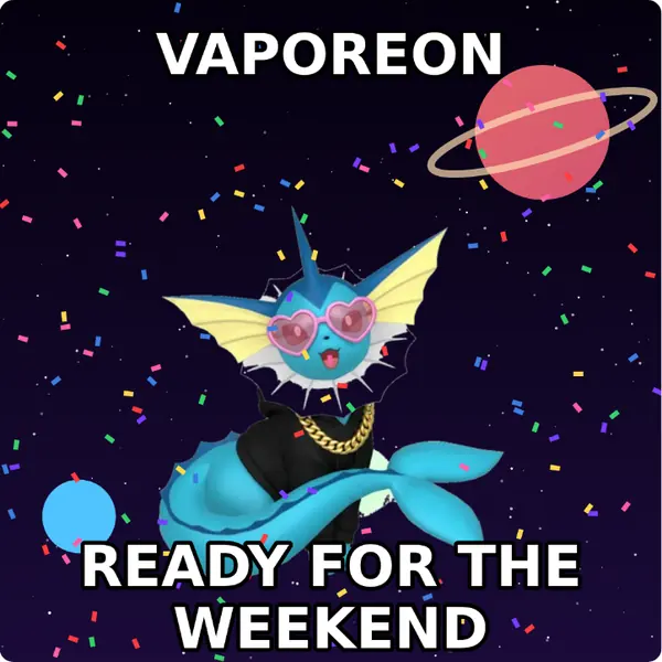 Vaporeon dressed up in a hoodie with a gold chain and heart shaped shades on outer space, made with the CoPokémon meme generator