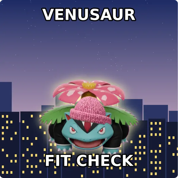 Venusaur dressed up in a pink knit beanie and a sharp suit and tie on a city skyline, made with the CoPokémon meme generator