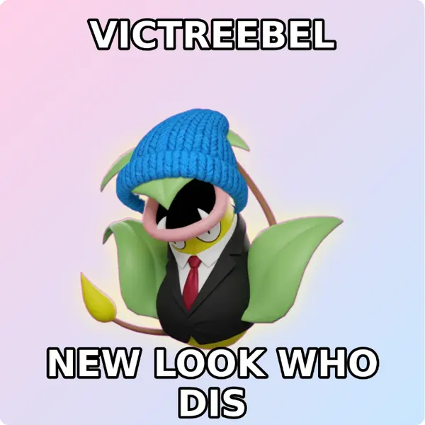 Victreebel dressed up in a blue knit beanie and a sharp suit and tie on a soft pastel backdrop, made with the CoPokémon meme generator