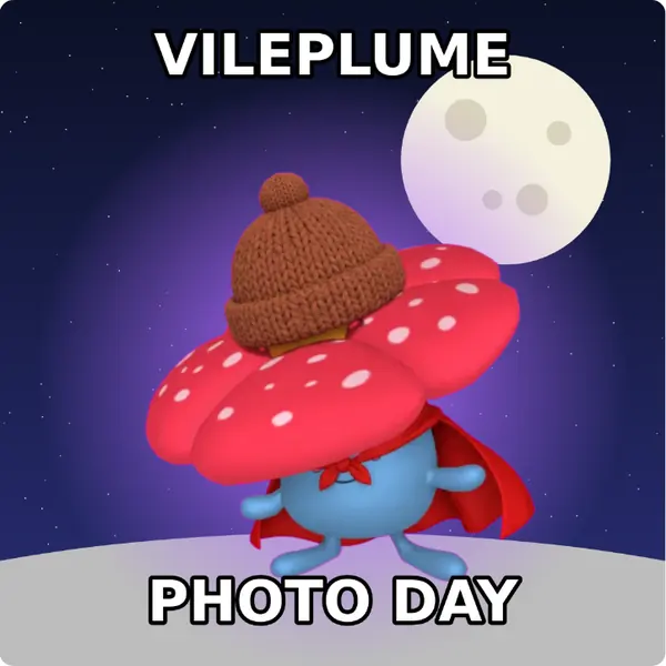 Vileplume dressed up in a brown knit beanie and a red hero cape on the surface of the moon, made with the CoPokémon meme generator
