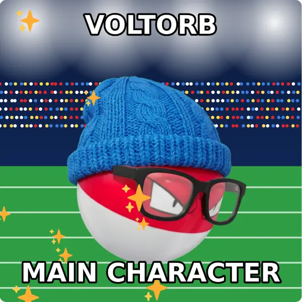 Voltorb dressed up in a blue knit beanie and nerd glasses on a packed stadium, made with the CoPokémon meme generator