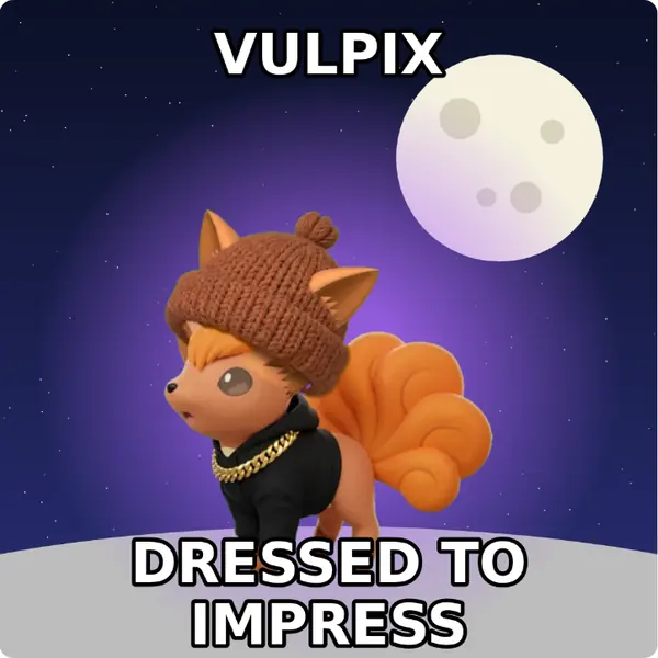 Vulpix dressed up in a brown knit beanie and a hoodie with a gold chain on the surface of the moon, made with the CoPokémon meme generator