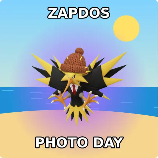 Zapdos dressed up in a brown knit beanie and a sharp suit and tie on a sunny beach, made with the CoPokémon meme generator